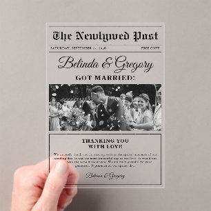 Invitations En Acrylique Merci photo noir blanc du journal mariage