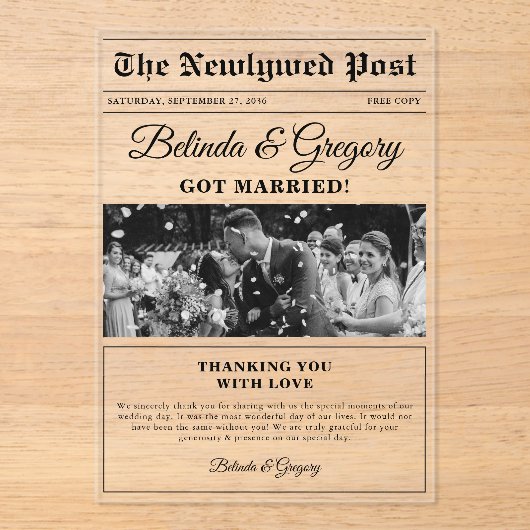 Invitations En Acrylique Merci photo noir blanc du journal mariage (Recto)