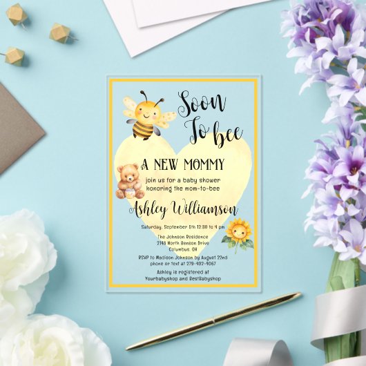 Invitations En Acrylique Mère-à-abeille Chimier Ours Bébé Fille Douche Acry (Insitu (Mariage))