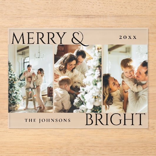 Invitations En Acrylique Merry and Bright 3 Photo Collage Holiday Card (Recto)