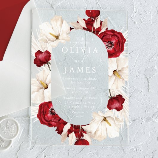 Invitations En Acrylique Merveilleuses Fleurs rouges et blanches Beau Maria