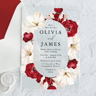 Invitations En Acrylique Merveilleux Mariage Premium Fleurs rouges et blanc