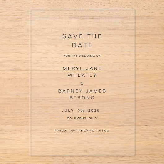 Invitations En Acrylique Meryl Elegant Mariage moderne Enregistrer la date (Recto)