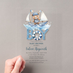 Invitations En Acrylique Mignon ours en peluche bleu marin garçon Baby Show