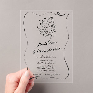 Invitations En Acrylique Mignonne main tirée cupide sur Skis Mariage d'hive