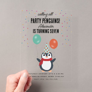 Invitations En Acrylique Mignons Manchots Fête d'anniversaire pour Enfants
