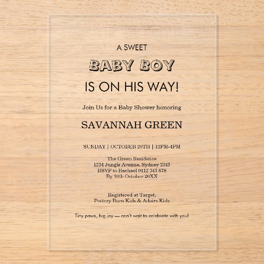 Invitations En Acrylique Minimal Baby Boy Shower Typography Design (Recto)