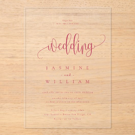 Invitations En Acrylique Minimal et chic | Mariage rouge magenta (Recto)