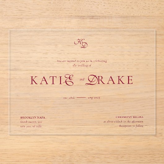 Invitations En Acrylique Minimal Monogram Deep Burgundy Script Wedding (Recto)