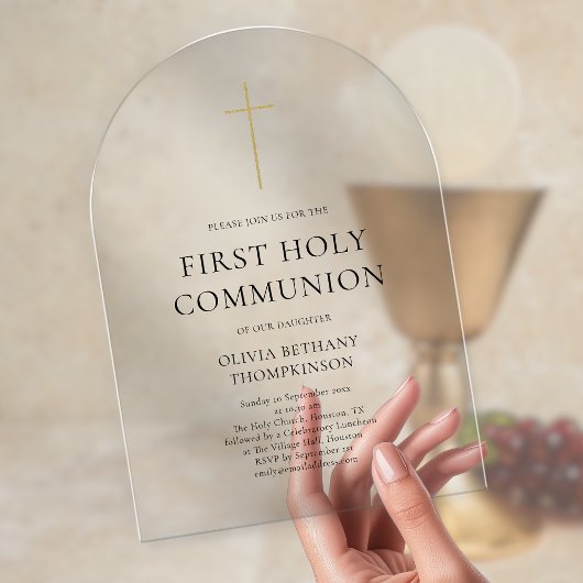 Invitations En Acrylique Minimalist Gold Cross First Holy Communion