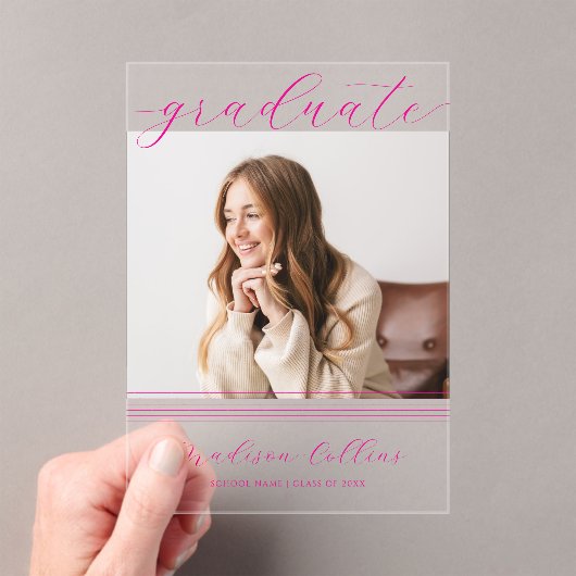 Invitations En Acrylique Minimalist Pink Lines Graduation Photo (In situ (ordinateur de poche))