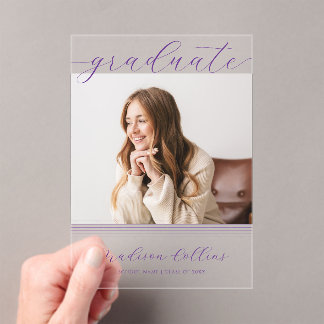 Invitations En Acrylique Minimalist Purple Lines Graduation Photo