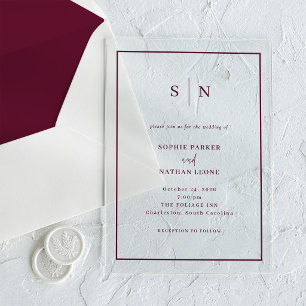 Invitations En Acrylique Minimaliste et Chic Mariage avec cadre bordeaux