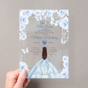 Invitations En Acrylique Mis Quince Bleu Clair & Fleurs Argentées Quinceañe