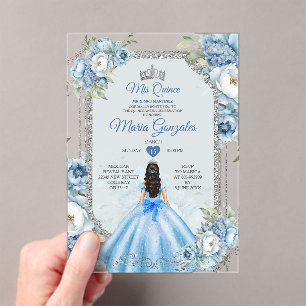 Invitations En Acrylique Mis Quince Dusty Blue & Silver Floral Quinceañera