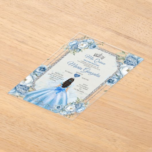 Invitations En Acrylique Mis Quince Dusty Blue & Silver Floral Quinceañera (Poser)