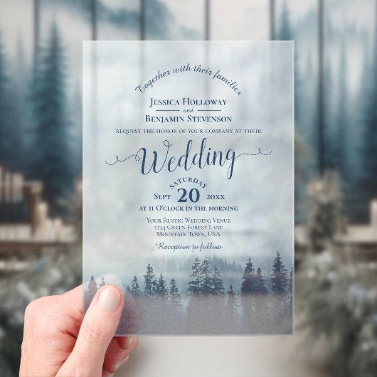 Invitations En Acrylique Misty Blue Mountain Pines Calligraphy Wedding