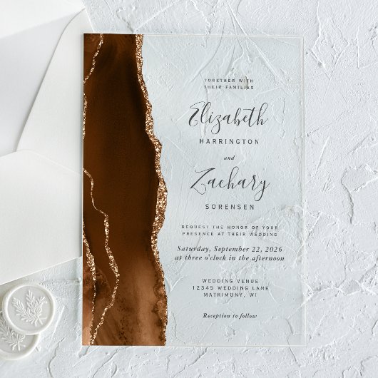 Invitations En Acrylique Mocha Brown Gold Agate Mariage