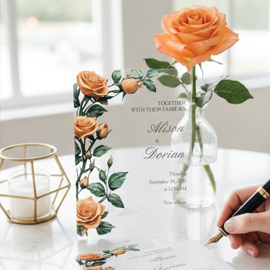 Invitations En Acrylique Modern Apricot Orange Rose Floral Acrylic Wedding