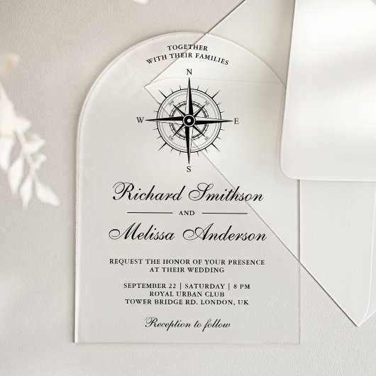 Invitations En Acrylique Modern Black Nautical Compass Wedding