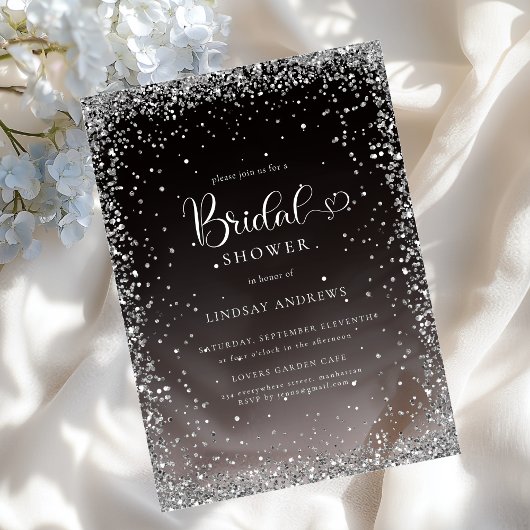 Invitations En Acrylique Modern Black Silver Glitter Bridal Shower 