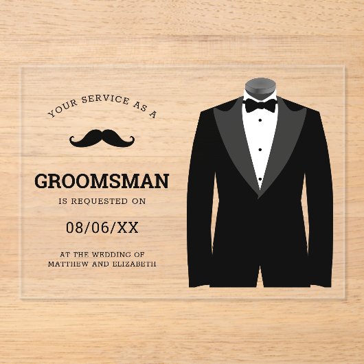Invitations En Acrylique Modern Black Tuxedo Groomsman Request (Recto)