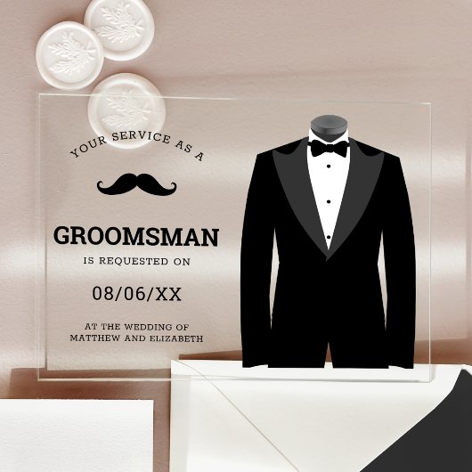 Invitations En Acrylique Modern Black Tuxedo Groomsman Request
