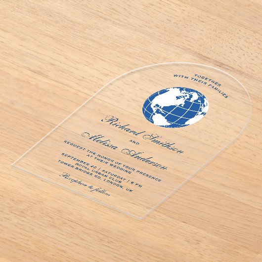 Invitations En Acrylique Modern Blue World Map Globe Wedding (Poser)