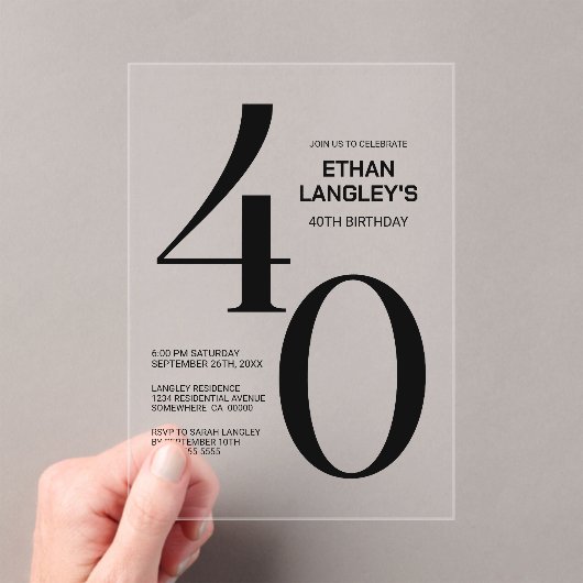 Invitations En Acrylique Modern Bold Black Texte 40e fête d'anniversaire (In situ (ordinateur de poche))