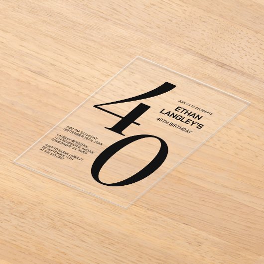 Invitations En Acrylique Modern Bold Black Texte 40e fête d'anniversaire (Poser)