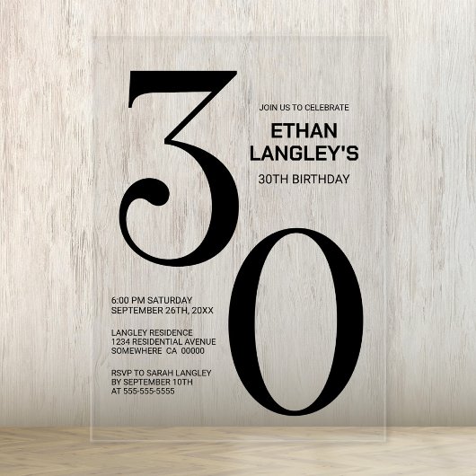 Invitations En Acrylique Modern Bold Texte noir 30e fête d'anniversaire