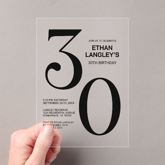 Invitations En Acrylique Modern Bold Texte noir 30e fête d'anniversaire (In situ (ordinateur de poche))