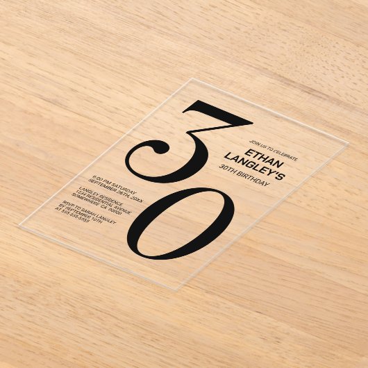 Invitations En Acrylique Modern Bold Texte noir 30e fête d'anniversaire (Poser)