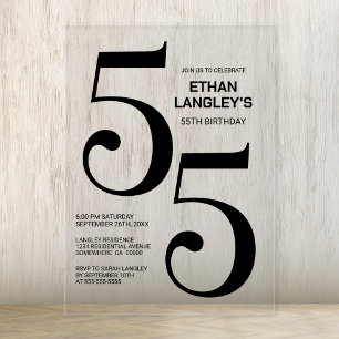 Invitations En Acrylique Modern Bold Texte noir 55e fête d'anniversaire