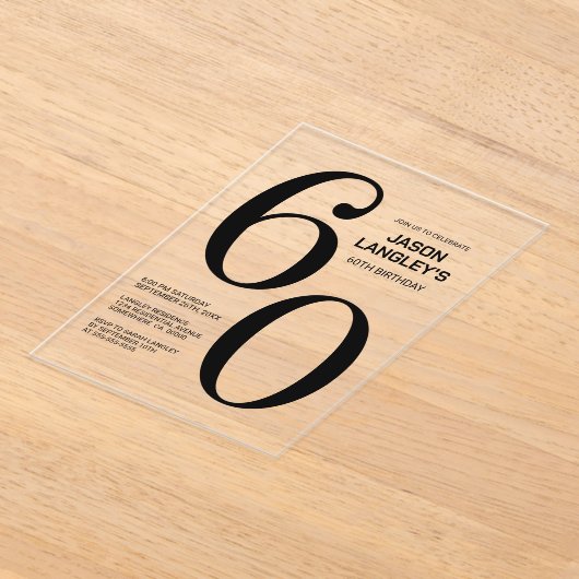 Invitations En Acrylique Modern Bold Texte noir 60e fête d'anniversaire (Poser)