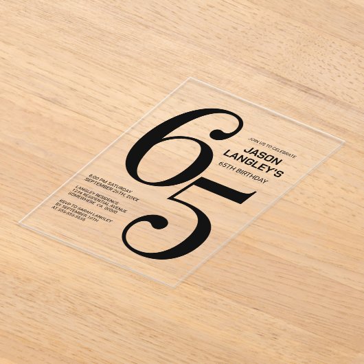 Invitations En Acrylique Modern Bold Texte noir 65e fête d'anniversaire (Poser)