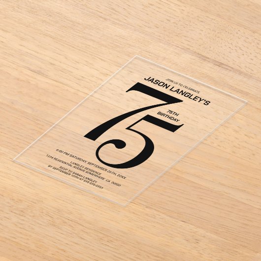 Invitations En Acrylique Modern Bold Texte noir 75e fête d'anniversaire (Poser)