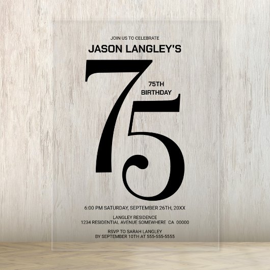 Invitations En Acrylique Modern Bold Texte noir 75e fête d'anniversaire