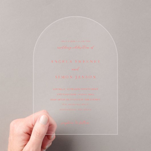 Invitations En Acrylique Modern Bold Vibrant Coral Simple Wedding (In situ (ordinateur de poche))