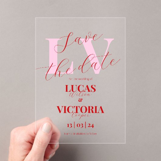Invitations En Acrylique Modern Bright Pink and Red Wedding save the date  (In situ (ordinateur de poche))
