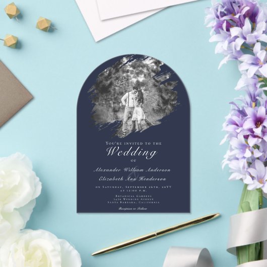 Invitations En Acrylique Modern Brushstroke Photo | Navy Blue Wedding (Insitu (Mariage))