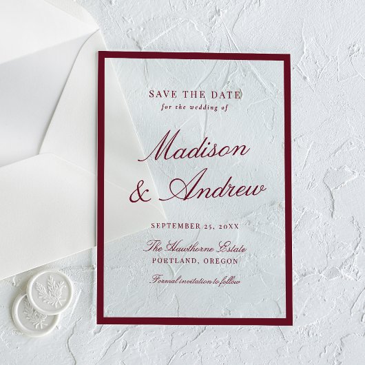 Invitations En Acrylique Modern Burgundy Border Wedding Save the Date