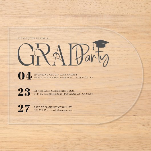 Invitations En Acrylique Modern Custom Graduation Party Invite (Recto)
