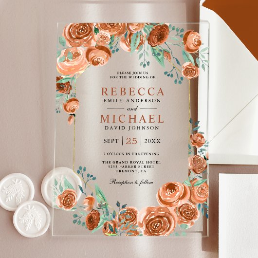 Invitations En Acrylique Modern Earthy Burnt Orange Roses Floral Wedding