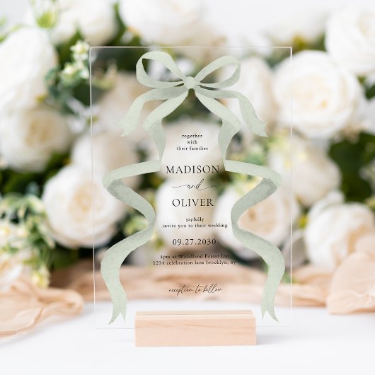 Invitations En Acrylique Modern Elegant Sage Green Bow Monogram Wedding