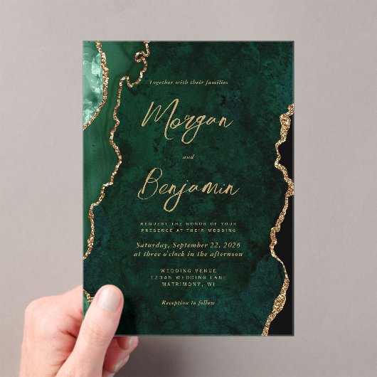 Invitations En Acrylique Modern Emerald Green Agate Script Wedding (In situ (ordinateur de poche))