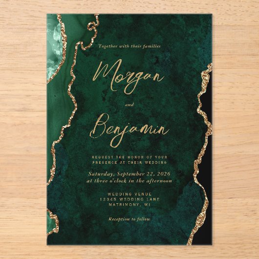 Invitations En Acrylique Modern Emerald Green Agate Script Wedding (Recto)