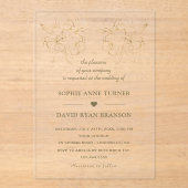 Invitations En Acrylique Modern Gold Line Art Flowers Wedding Transparent (Recto)
