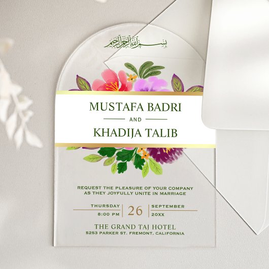 Invitations En Acrylique Modern Greenery and Floral Islamic Muslim Wedding