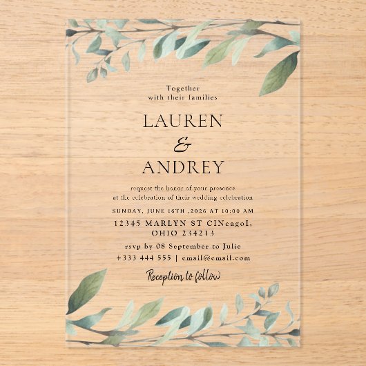 Invitations En Acrylique Modern Greenery Minimalist Wedding (Recto)